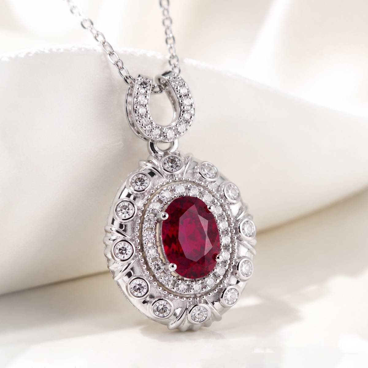 LCB0219银镀18K白金蛋形培育彩宝莫桑钻项链主石7*5mm/1.0ct